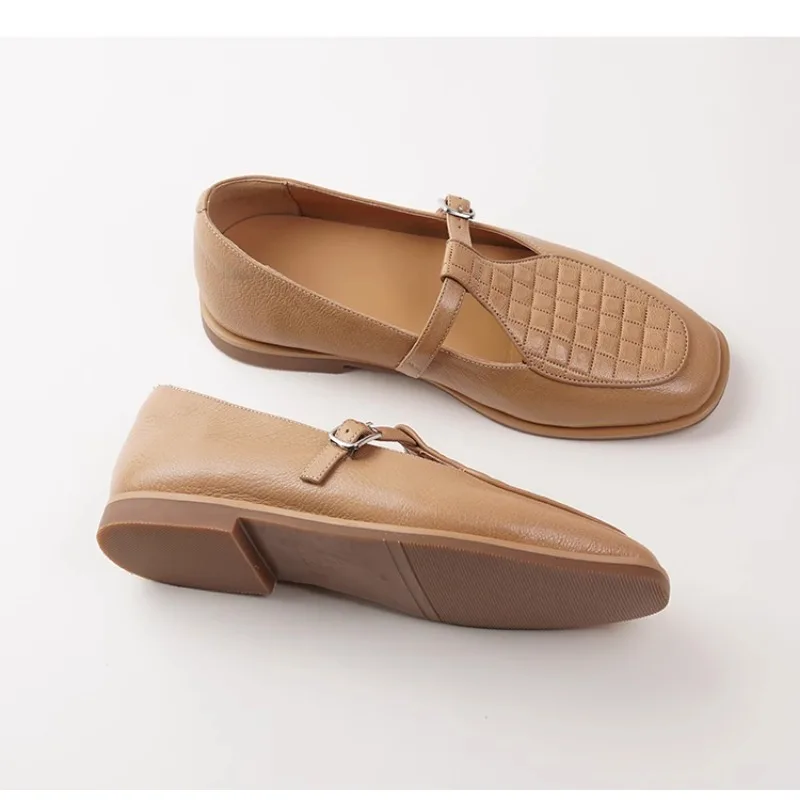 White sheepskin soft leather Mary Jane women's shoes, flat bottomed flat heel buckle single shoes