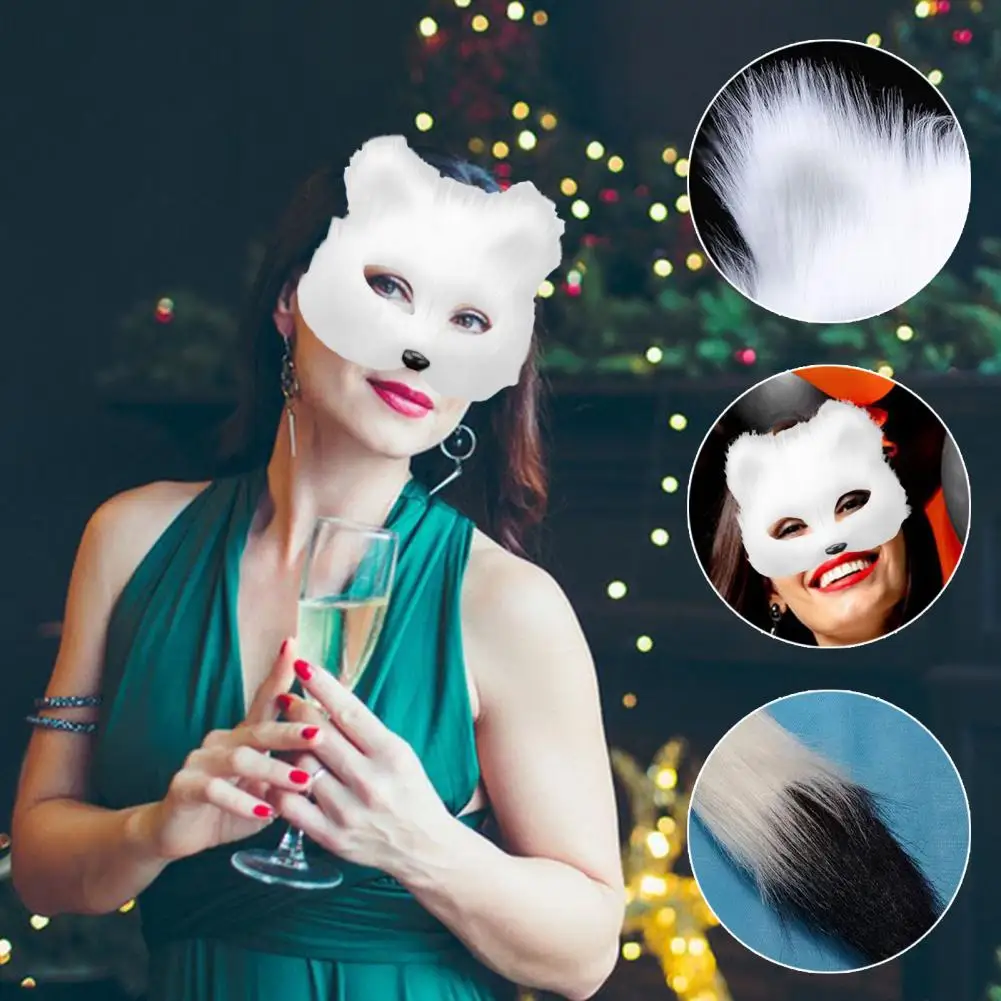 Fluffy Fur Fox Tail Cat Paws Gloves Wolf Mask Set Masquerade Handmade Halloween Cosplay Costume Accessories