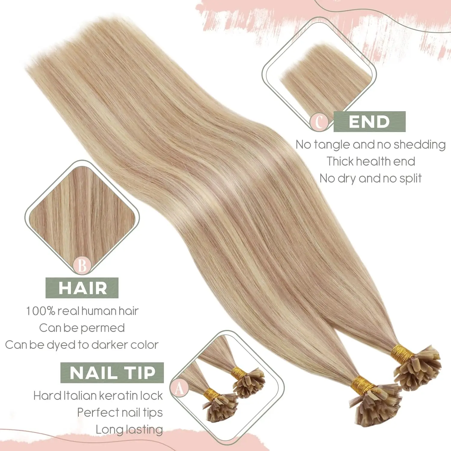 Capsule per extension per capelli Ugeat U Tip, cheratina pre-incollata, extension per capelli umani veri, 1 g/s, 100 g, macchina per capelli Remy - immagine 3