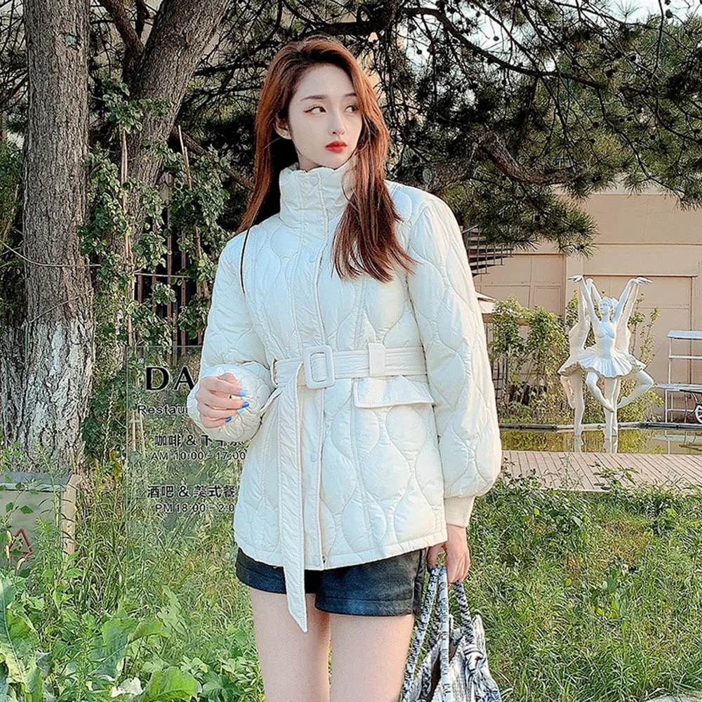 

Autumn Winter Turtleneck Cotton Jackets Women Solid Casual Padded Overcoat Women's Fashion Lightweight Lace-up Warm Jacket Coats
