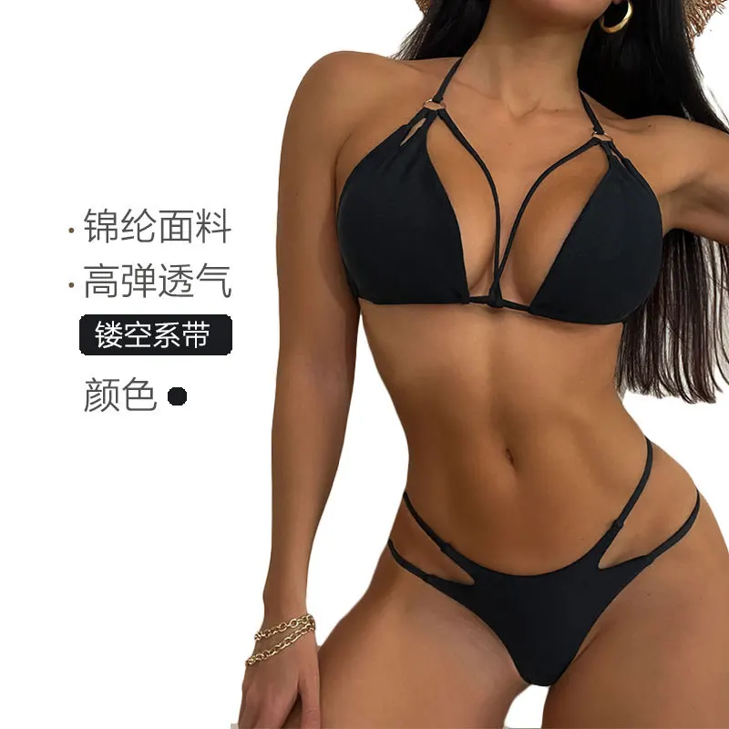 

Bikini Three Point Split Swimsuit Black Hollow Neck Lace Up Swimsuit Bikini