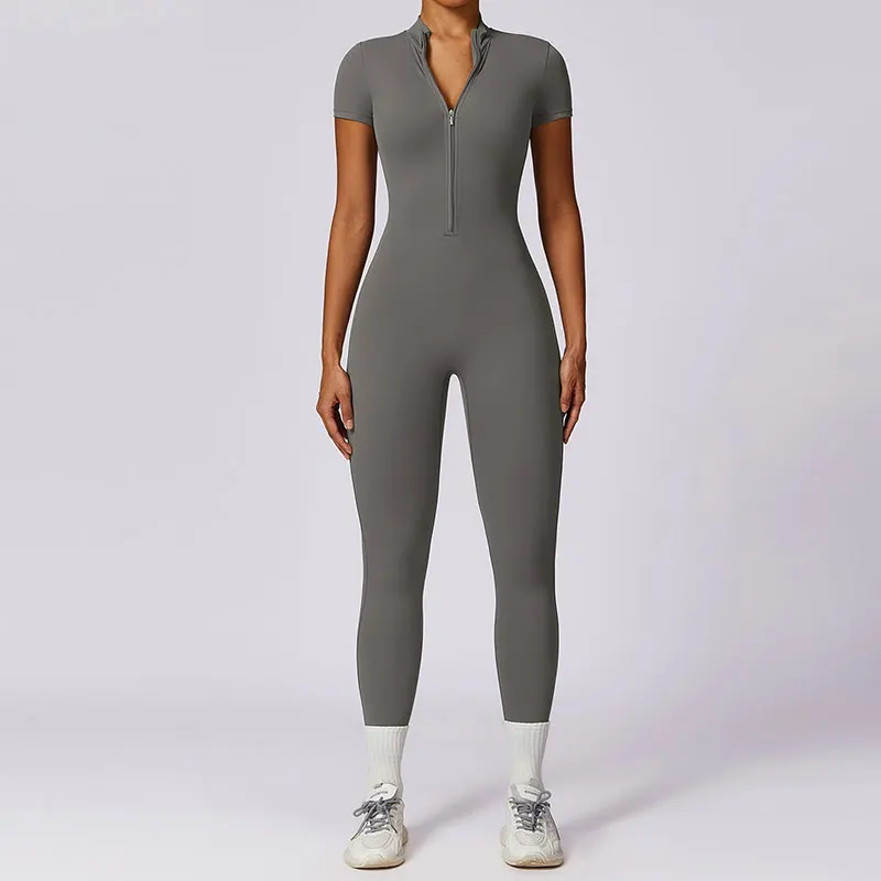 Summer Short Sleeved Zippering One-Piece Yoga Suit Dance Fitness Workout Set