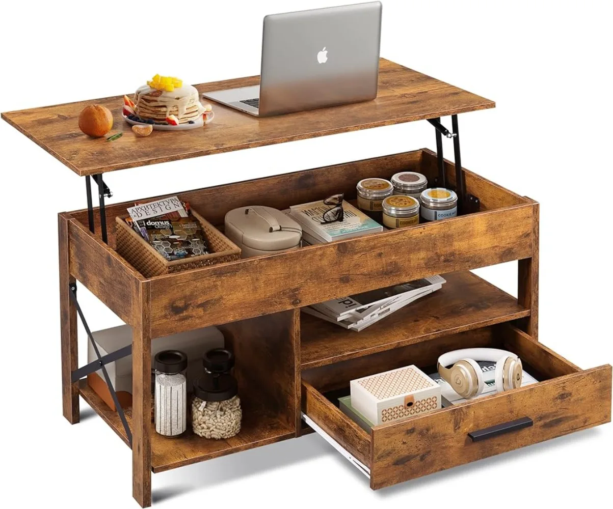 

Lift Top Coffee Table for Living Room,Hidden Compartment and Metal Frame, Central Table for Reception Room,Rustic Brown