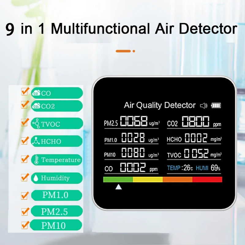  Monitor de calidad del aire, detector de dióxido de carbono de  monitor de CO2, medidor de temperatura y humedad relativa, para Co2  formaldehído (hcho) Voc Tvoc Pm1.0 Pm2.5/pm10 Aqi, para monitoreo