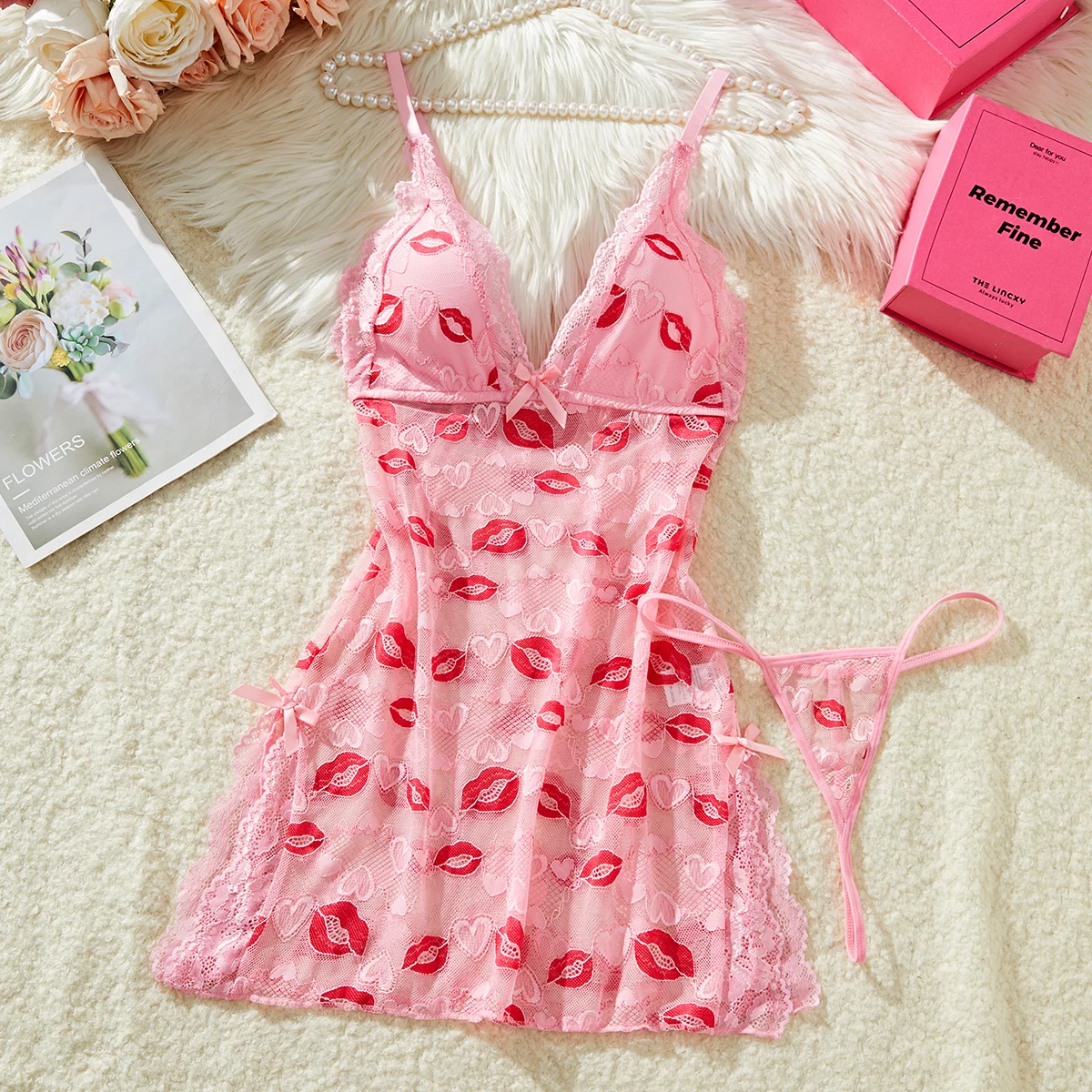 Red-lips Print Seductive Sexy Pink Lace Nightgown Two-piece Sheer Mesh Laces Short Dress Elegant And Sensual Babydolls Lingerie