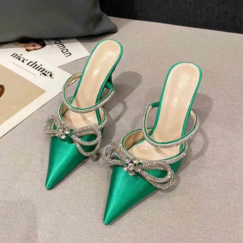

Dropshipping Luxury Rhinestone Bow Baotou High Heel Sandals Sexy Pointed Thin Heel Cool Slippers for Wedding Party Nightclub Bar