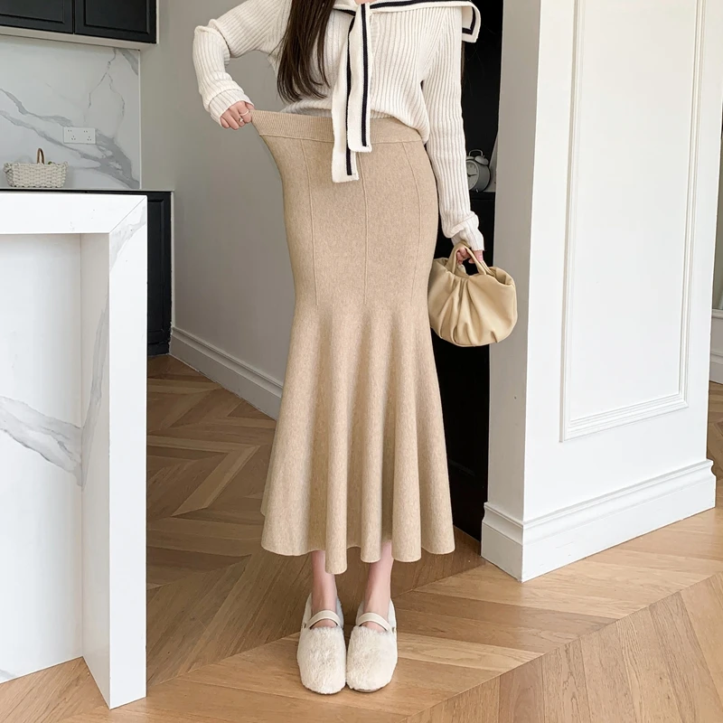 Women Elegant Knitted Black Skirts Autumn Winter High Waist Faldas Largas Office Ladies Korean Style Party Long Skirt Bodycon