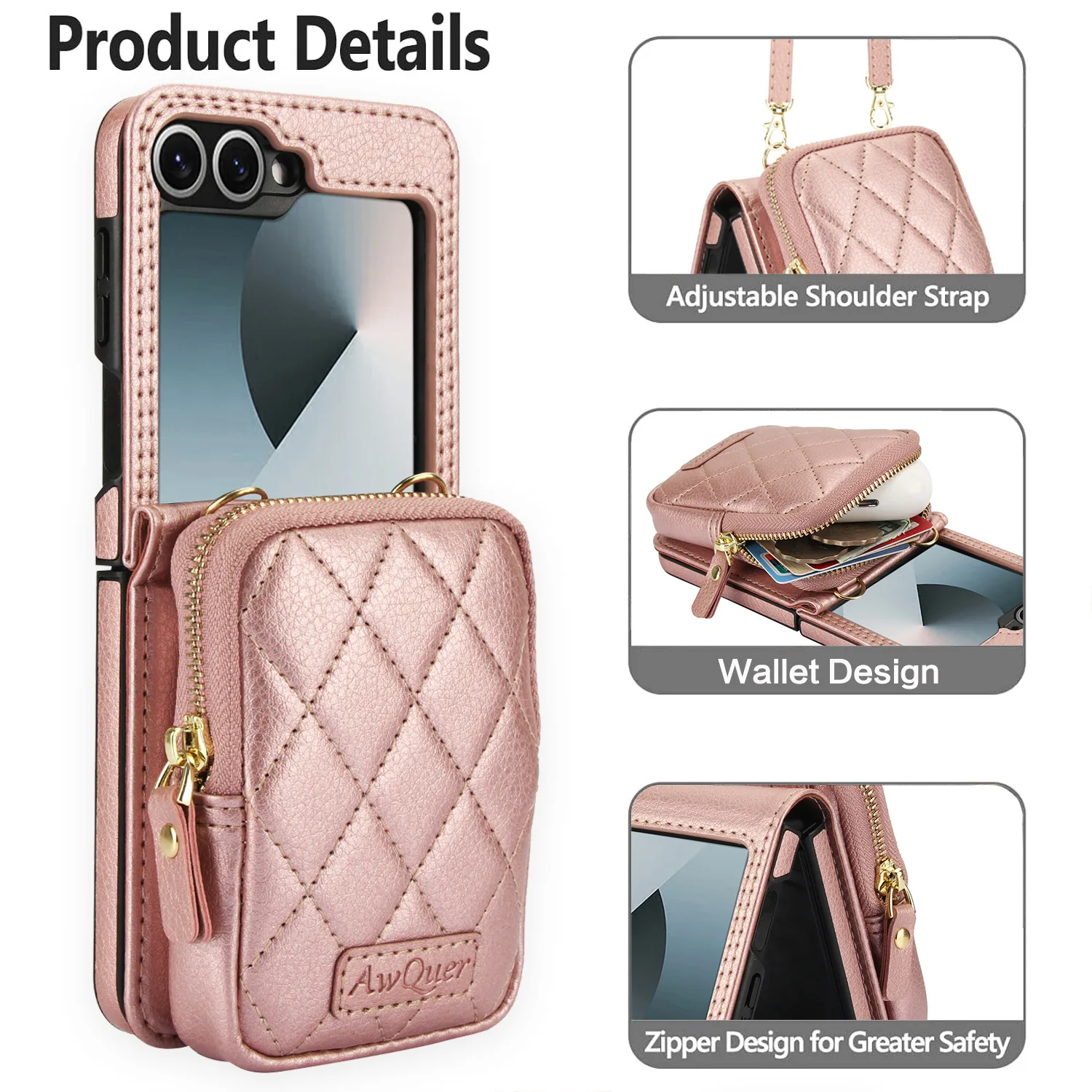 Luxury Crossbody Lychee Leather Wallet Case with Long Lanyard Protective Cover