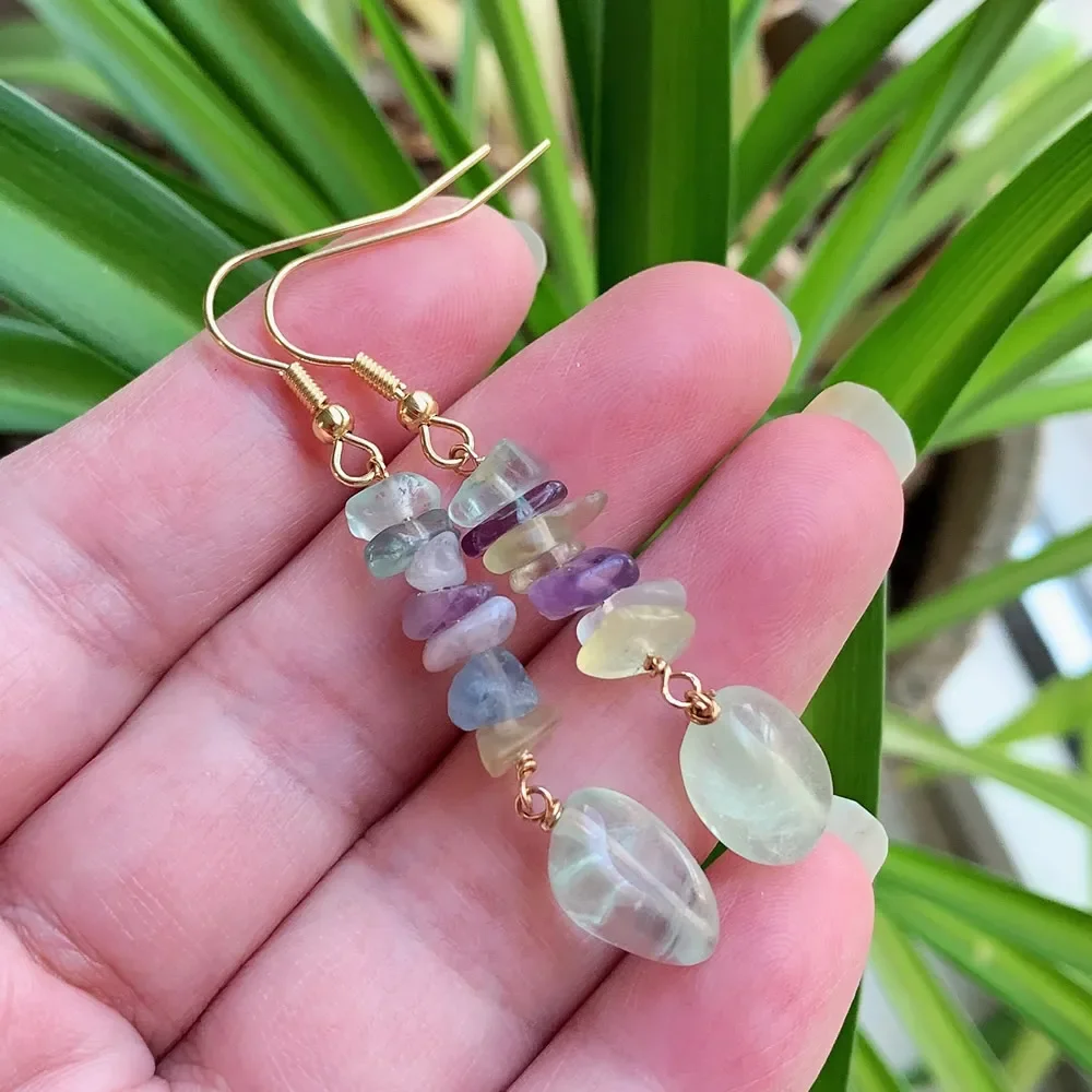 Reiki Natural Crystal Earrings for Women Chip Stone Long Tassel