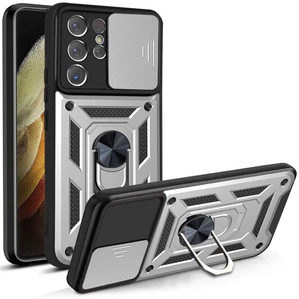 Rugged Slide Camera Lens Protector Armor Case with Military-Grade Bumpers and Ring Cover