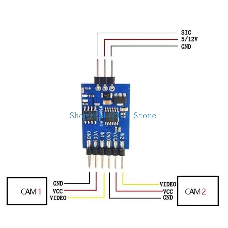 Module commutateur vidéo 3 canaux FPV installé sur un drone, avec câbles connectés aux caméras, permettant une commutation rapide.
