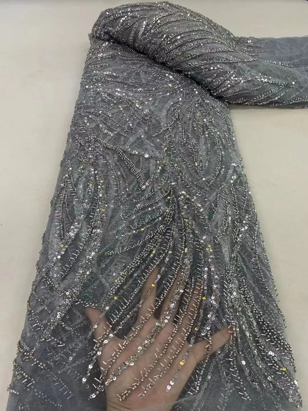 

Grey Fashion Latest Africa Embroidered Tulle Net Fabric With Beads High Quality Luxury Sequins Net Lace Evening Party Dress