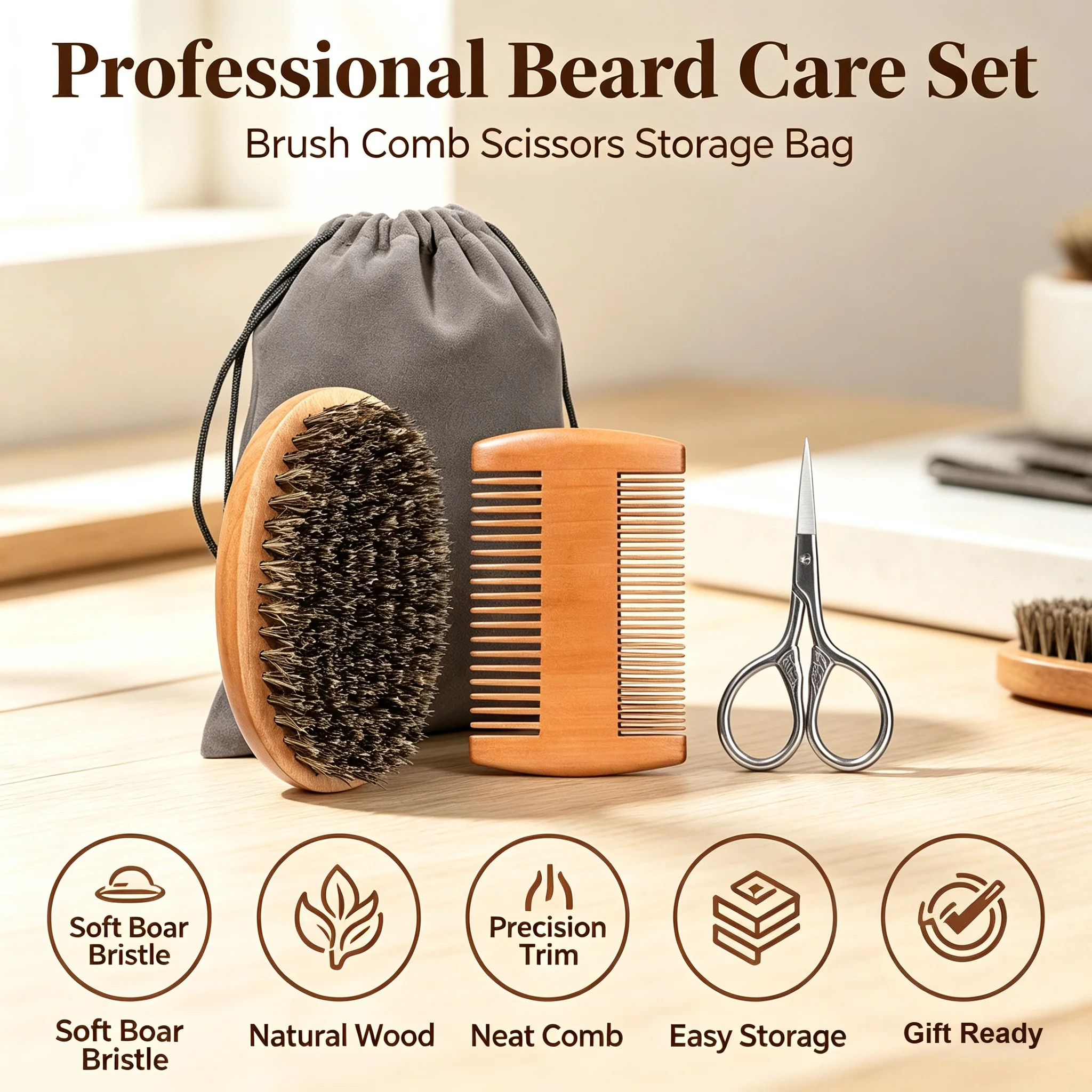 Luxurious Soft Boar Bristle Shaving Brush & Wooden Comb Grooming Kit with Gift Bag