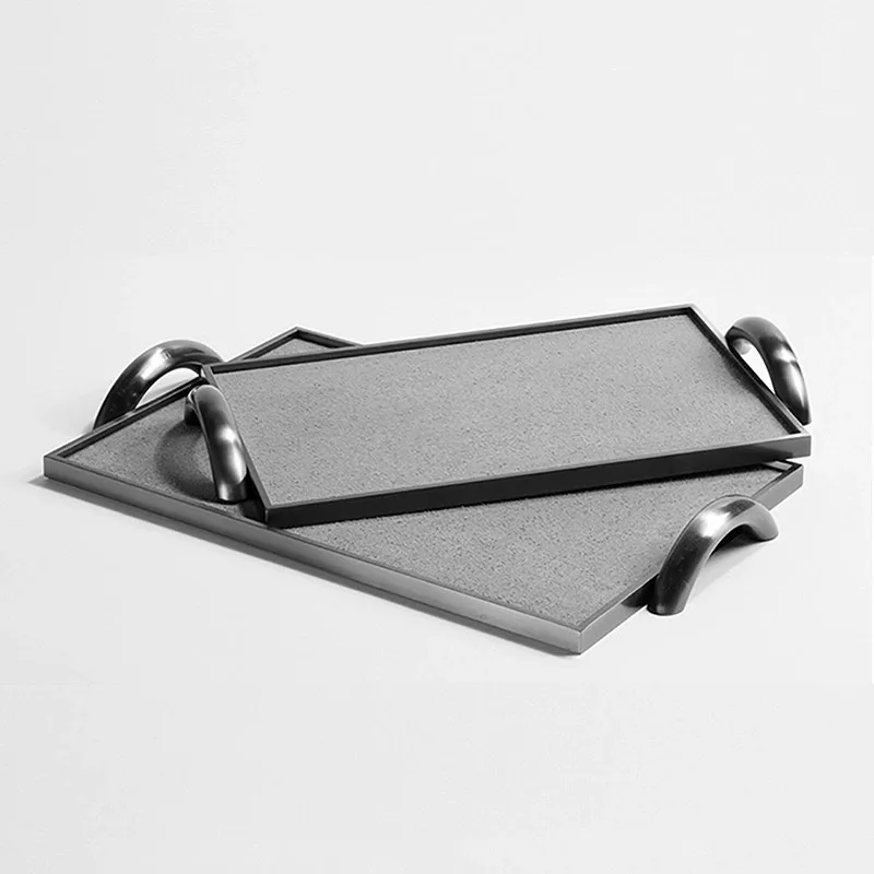 Creative Leather Tray Modern Simple Metal Decorative Tray Rectangular Pallet with Two Handles Home Decoration Storage Ornaments