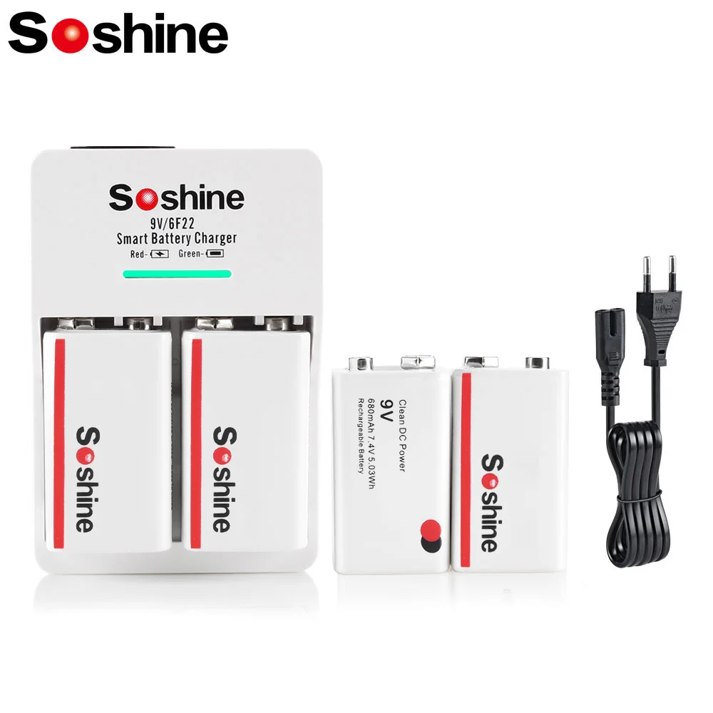 SOSHINE 9V Battery Charger 4PC 9V 6F22 680mAh Rechargeable Battery and 2 Slots Smart EU US Ni MH Li ion LiFePO4 Batteries Charger