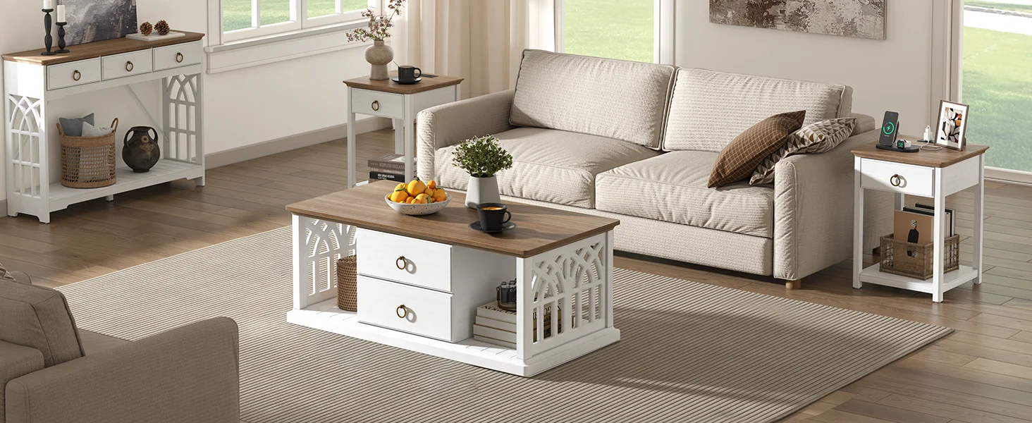 Farmhouse Coffee Table with Storage,w/ Drawers,Rustic Rectangular Center Table,Wood,for Living Room