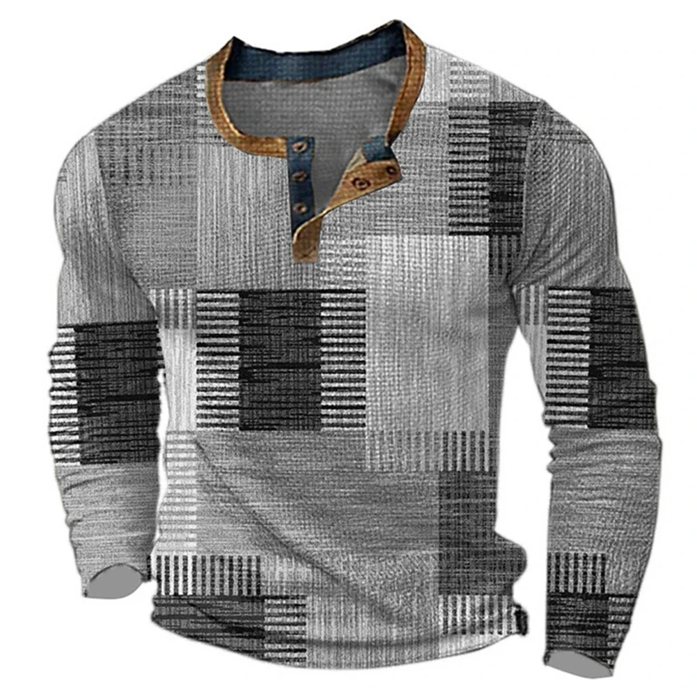 

Modern Mens Button Pullover Blouse Slim Fit T Shirt with Print Pattern and Henley V Neck Stay Fashionable All Year Round