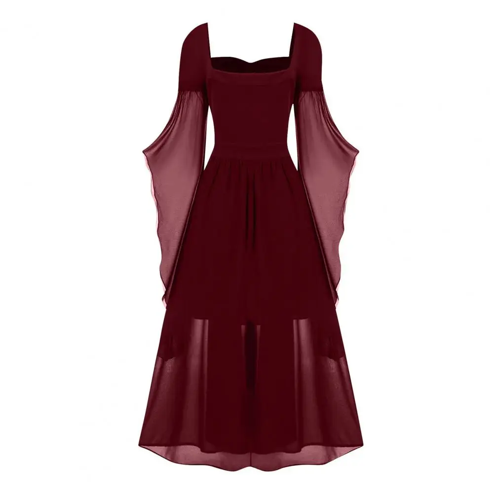 

Винтажное женское платье макси на Хэллоуин, женское платье макси на Хэллоуин с неровными рукавами-рогами, а-силуэт, плиссированное кружевное платье