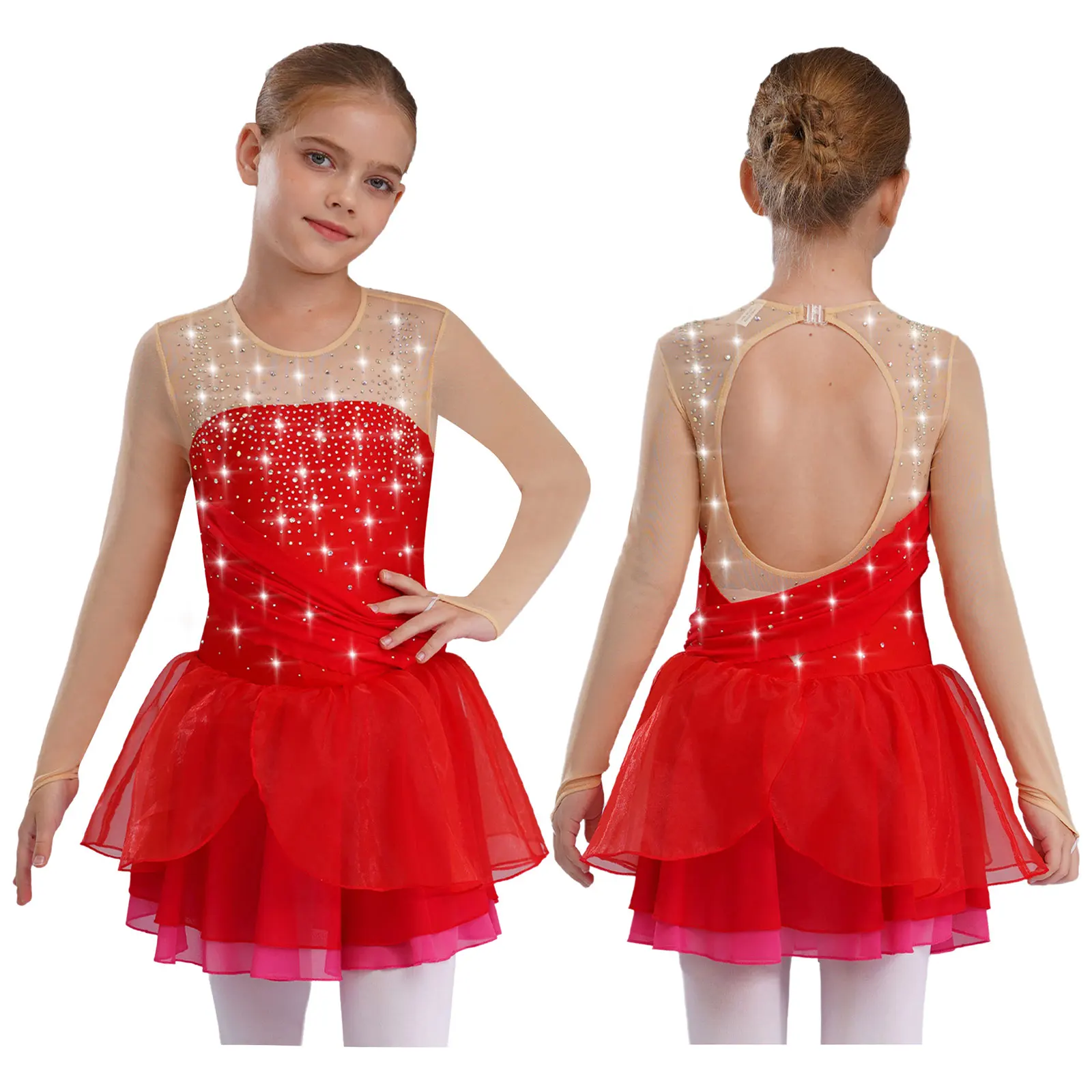 Kinder Mädchen Ballett Kleid Eiskunstlauf Gymnastik Dancewear Rundhals Ärmellos Glänzende Strasssteine Tiered Rüschen Tutu Kleid – Detail 24