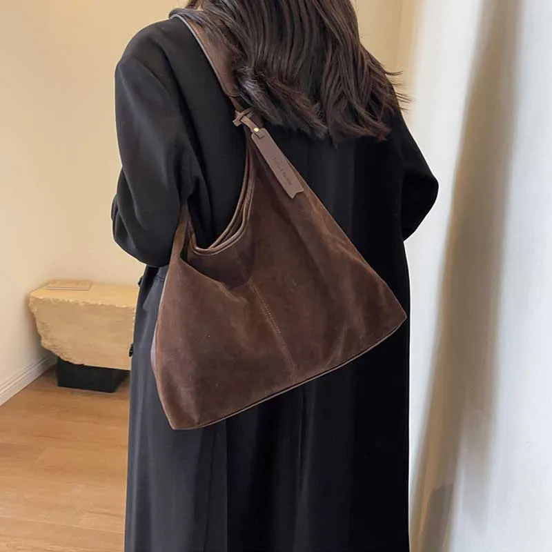Women Suede Hobo Bag Vintage Shoulder Bag Autumn Winter Handbag Solid Color Large Capacity Shopping Bags Purse for Ladies Totes
