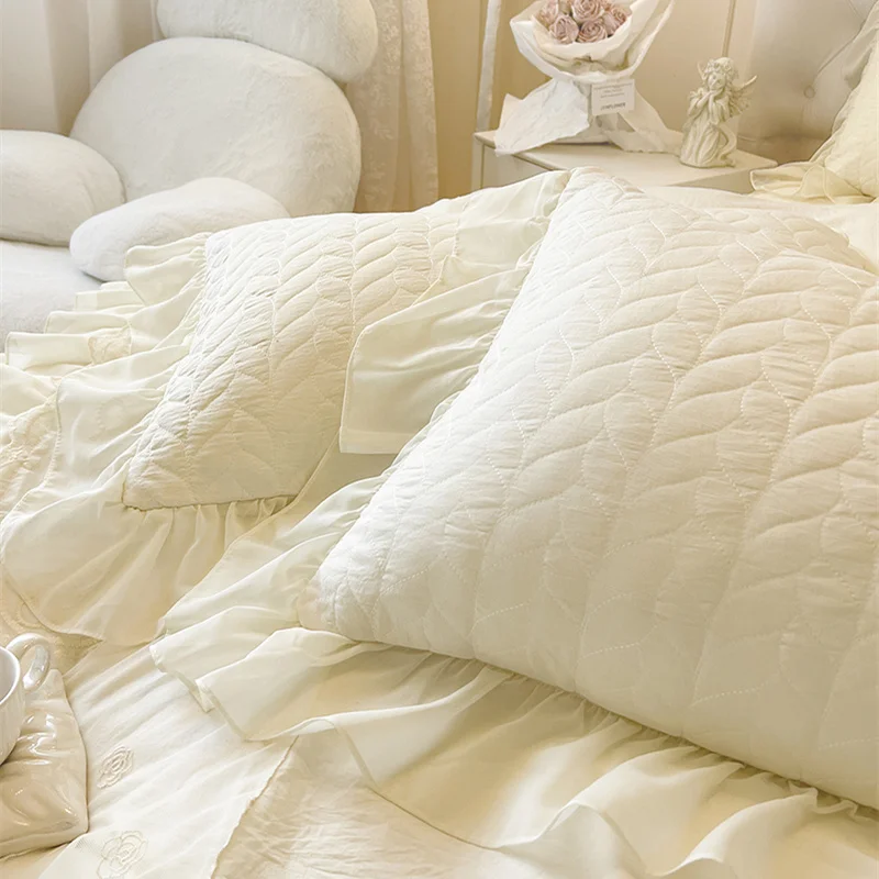 AI WINSURE-Washed Cotton Bed Cover with Pillowcase, Chic Lace Ruffles Bed Skirt, Quilted Bedspread, Queen, King Size, 3pcs
