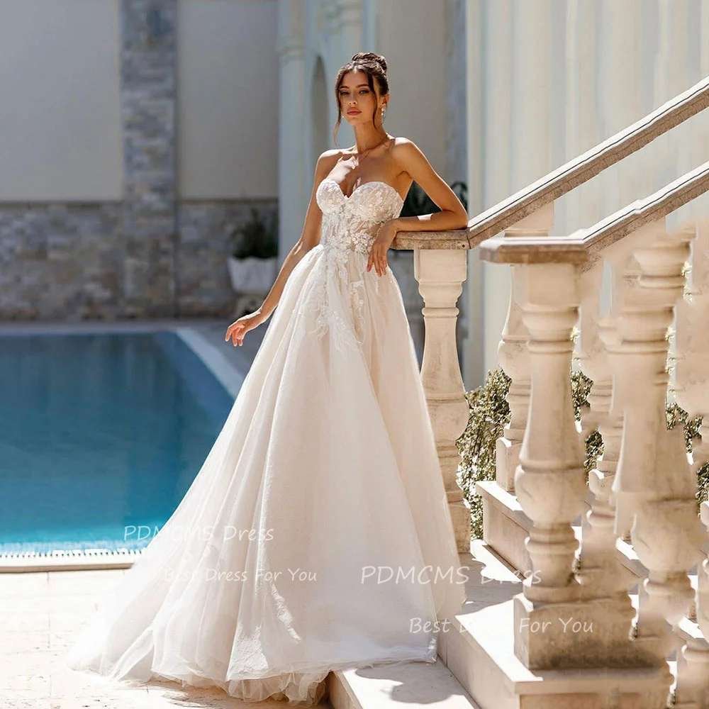 

Exquisite Boho Lace Wedding Dresses Sweethearts Applique A-Line Bridal Gowns Princess Bride Party Gown Sleeveless robe de mariée