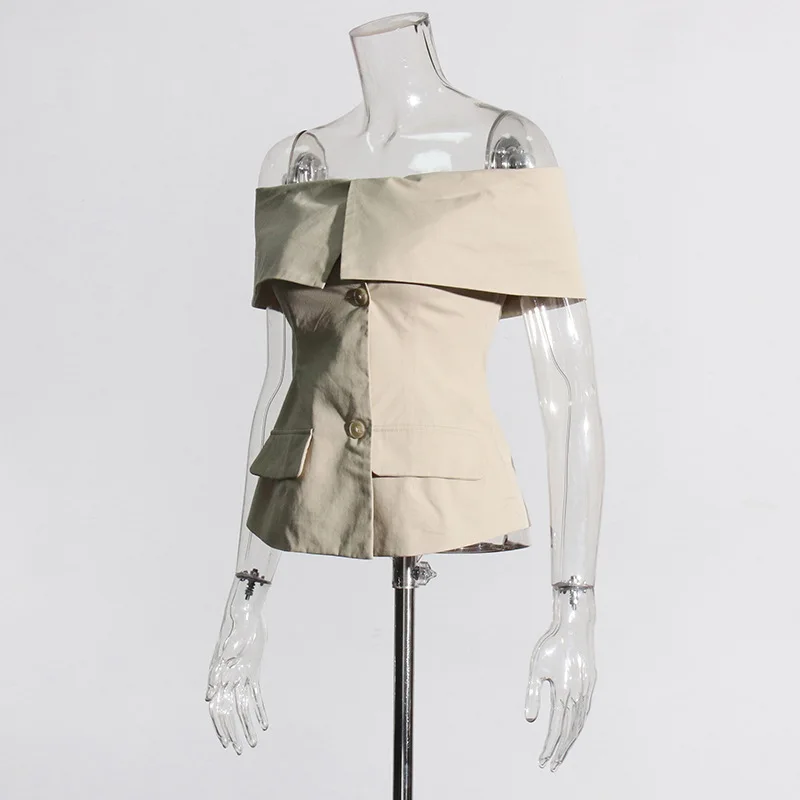 2024 Women's Elegant One Shoulder Khaki Jacket Summer Brand Design Off-Shoulder Slim Suit Top for Women