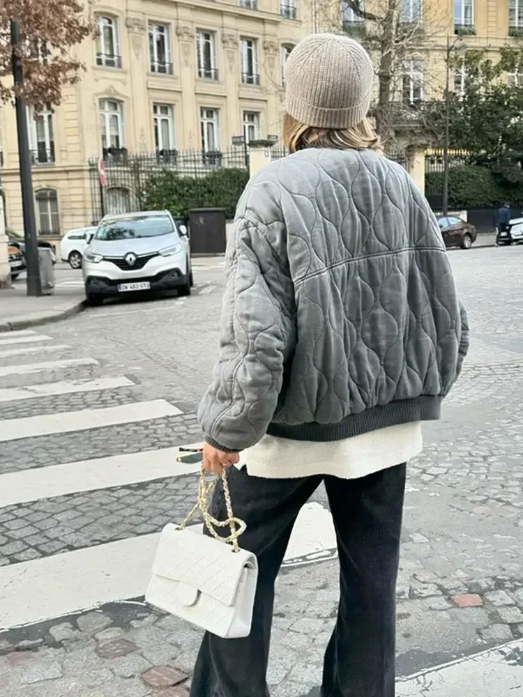 Quilted Single Breasted Grey Women's Cotton Jacket Casual Pocket Stand Collar Long Sleeved Coats Fall Winter Commuting Outerwear 2