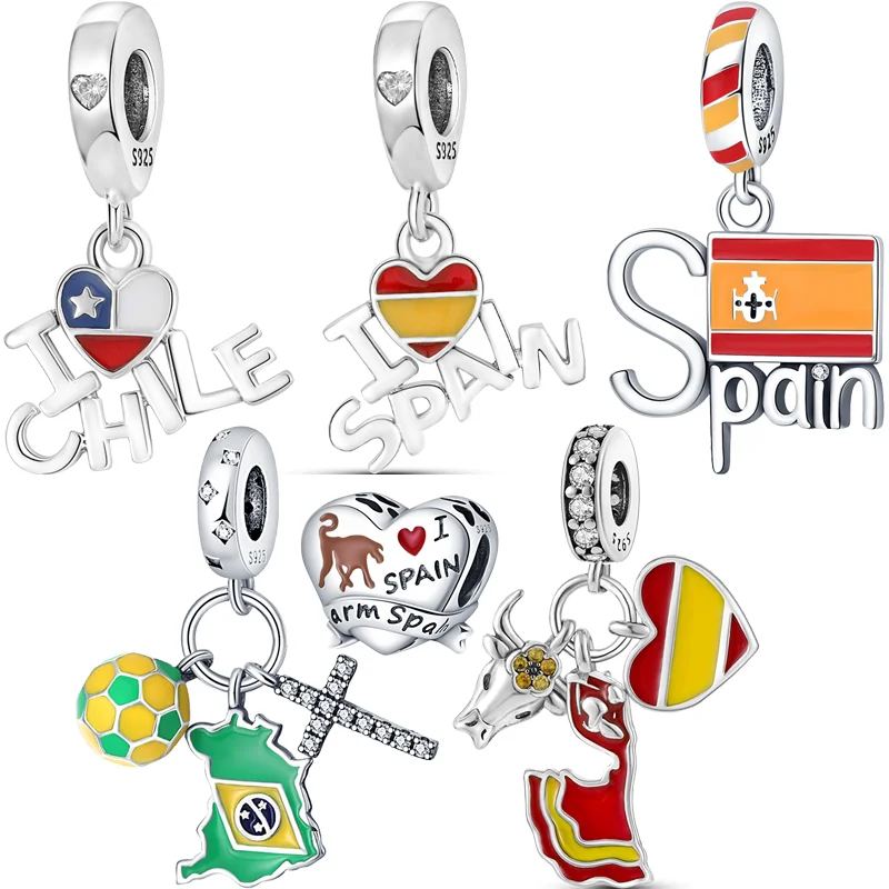 100% 925 Sterling Silver Spain Bullfight Chile Brazil Football Country Beads Fit Original Pandora Charms Bracelet Luxury Jewelry 100% real 925 sterling silver cute pig charms fit original pandora bracelet