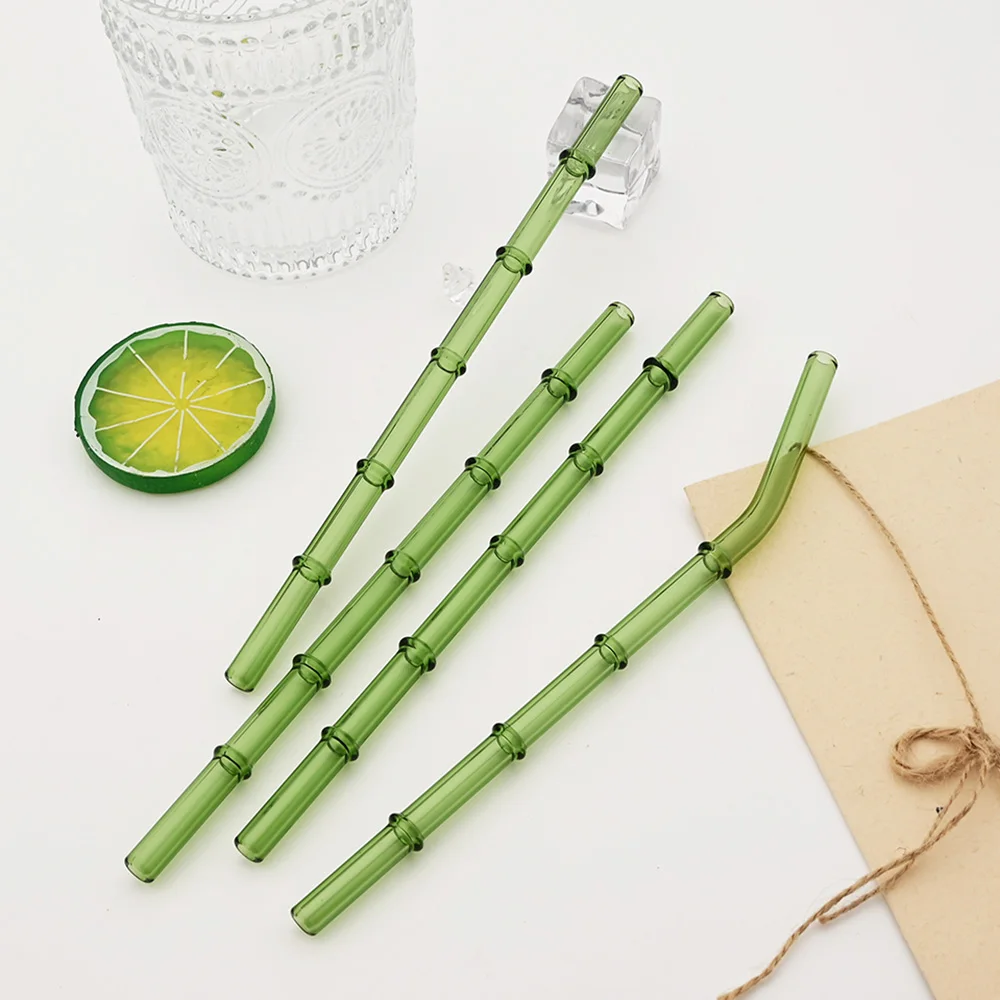 Set of 4 Eco-Friendly Glass Straws with Green Bamboo Design and Cleaning Brush