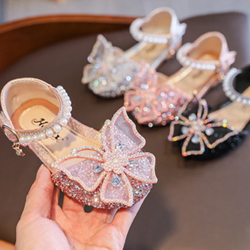 Girls Sequin Lace Bow Kids Shoes Girls Cute Pearl Princess Dance Single Casual Shoe 2022 New Children's Party Wedding Shoes
