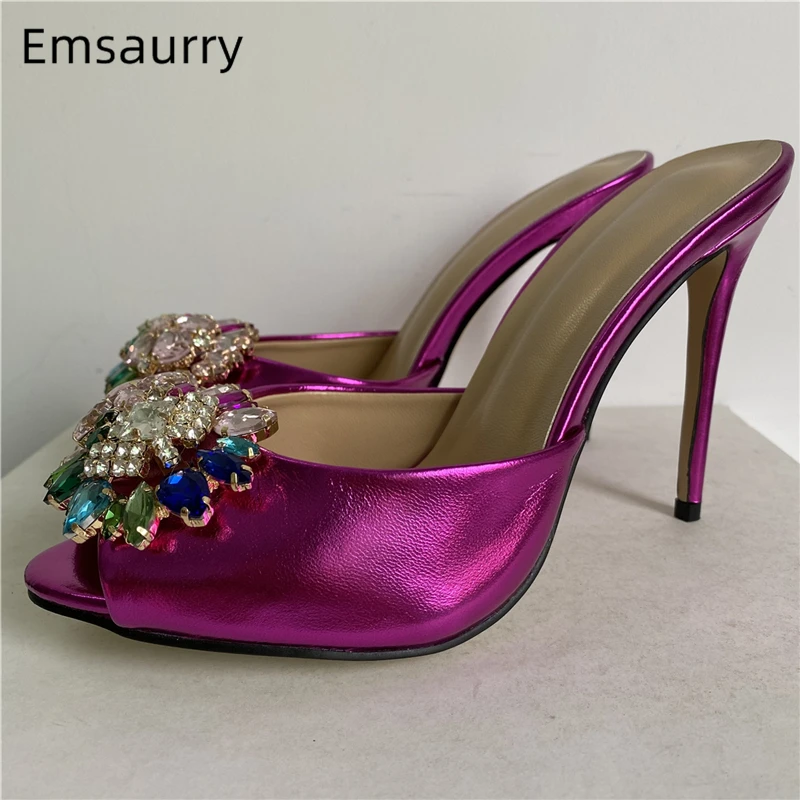 

Genuine Leather Slingbacks Mules For Girls 10cm Stiletto Heel Colorful Rhinestone Diamond Flower Buckle Sandals Women