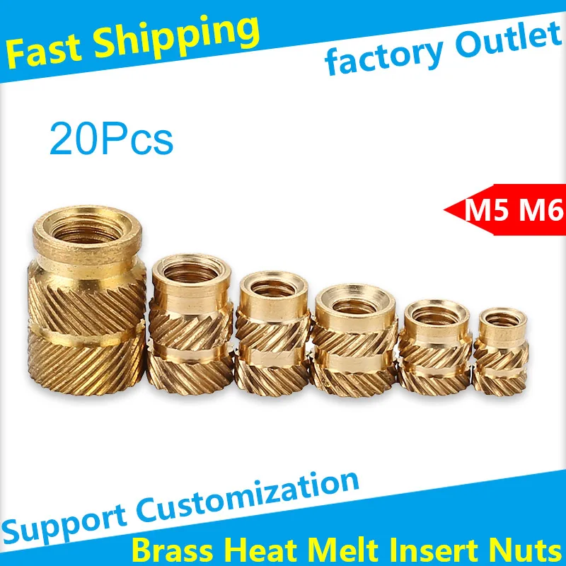 

M5M6 Brass Hot Melt Inset Nuts Heating Molding Copper Thread Inserts SL-type Double Twill Knurled Injection 【20Pcs】