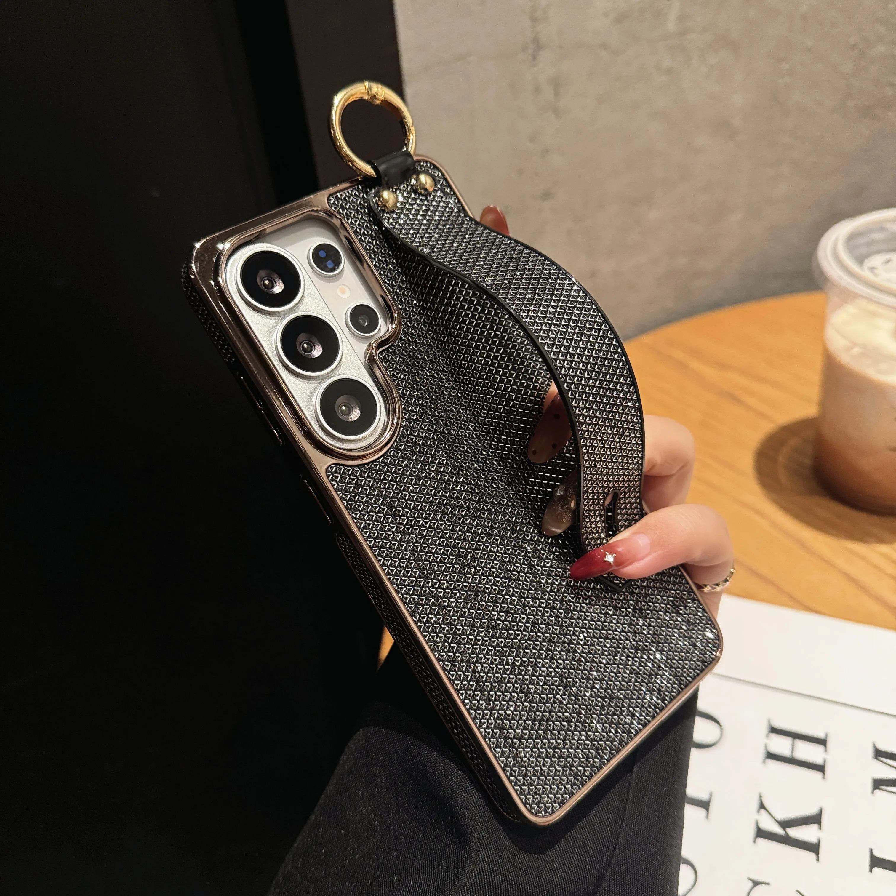 Sparkling Plating Wrist Strap Holder Case with Hand Bracket and Enhanced Camera Protection