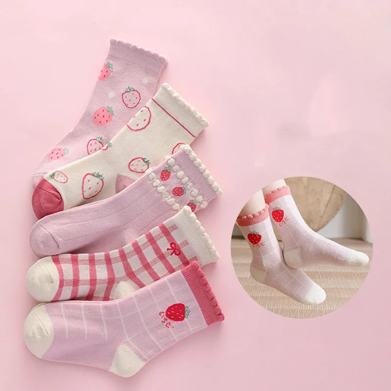 5 Pairs/Lot Kids Soft Cotton Socks Korean Love Heart Flower Print Baby Girl Socks Autumn Winter Warm Children Middle Tube Socks 5
