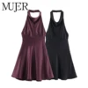 MUJER Satin Halter Mini Dress Woman Ruched Party Women's Dresses Sexy Backless Short Dresses for Women off Shoulder Dress Women