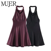 MUJER Satin Halter Mini Dress Woman Ruched Party Women's Dresses Sexy Backless Short Dresses for Women off Shoulder Dress Women