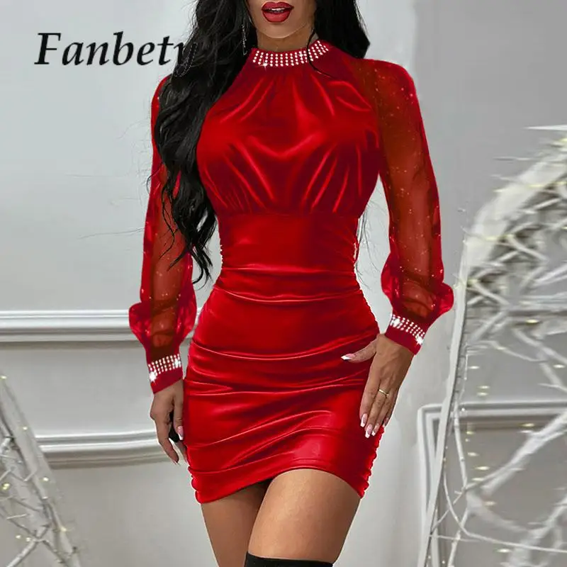 

Lady Fashion Bodycon Evening Prom Dress Sexy Rhinestone O-Neck Mini Dress For Women Shiny Mesh Long Sleeve Commute Office Skirt