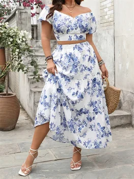 Elegant Plus Size Outfit Floral Print V-Neck Top with Short Sleeves and Elastic Waist Long Skirt - 2 Piece Set for Women 5
