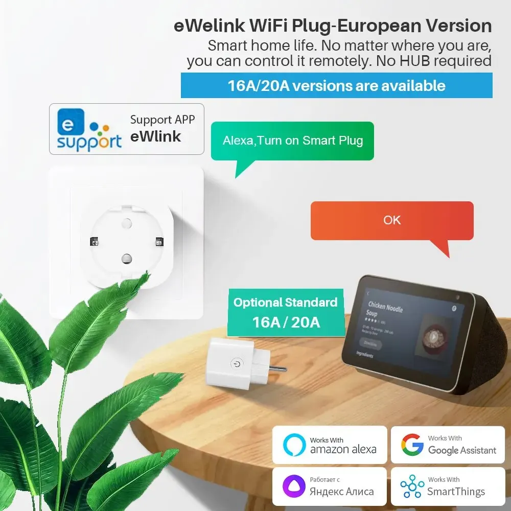 EWelink Smart Plug WiFi Socket EU 16A/20A With Power Monitoring Timing Function Works With Alexa, Google Home, Alice, SmartThimg