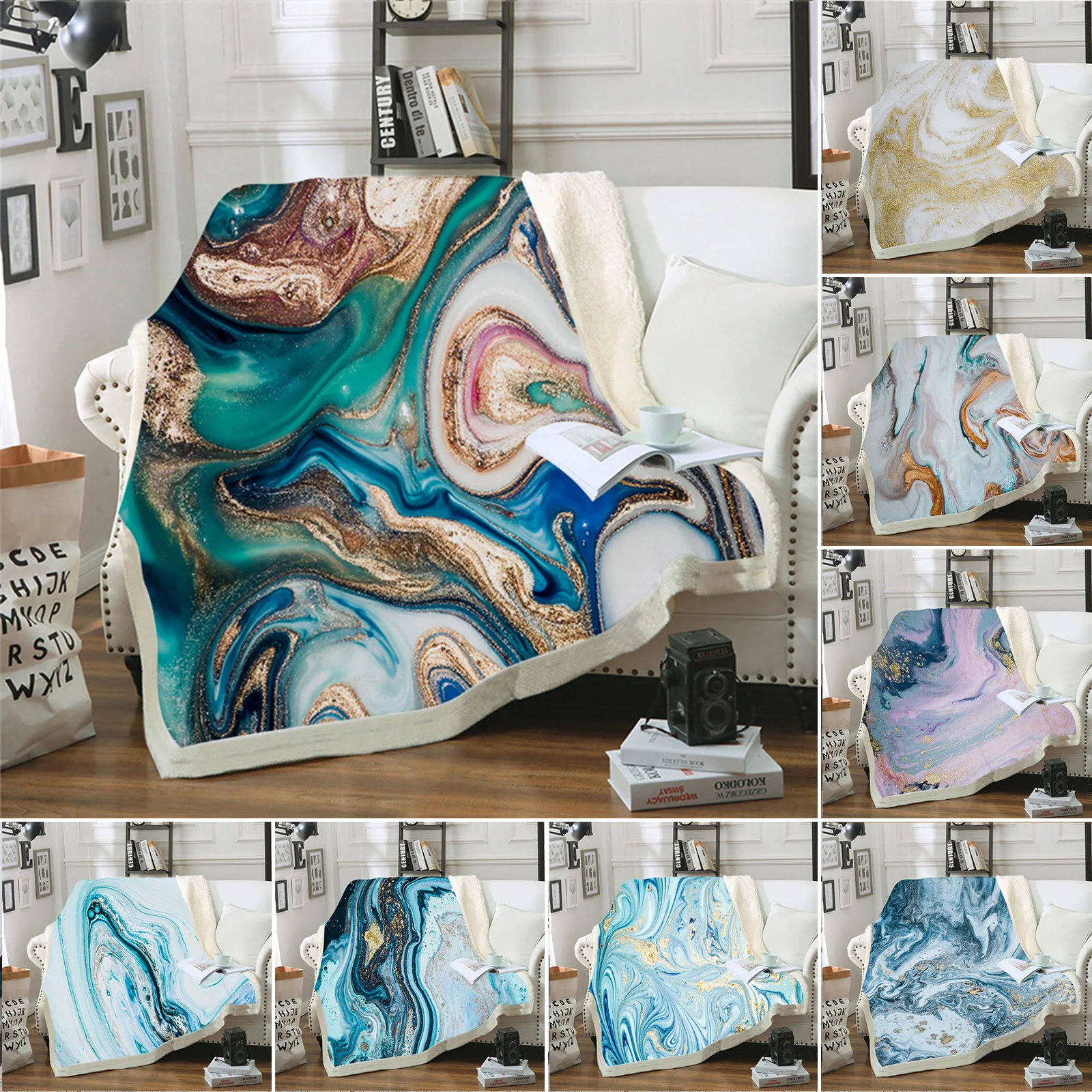 

Marble Flannel Fleece Blanket Agate Swirl Blue Gold Luxury Throw Blanket Lightweight Cozy for Bed Sofa Couch Bedroom Super Softs