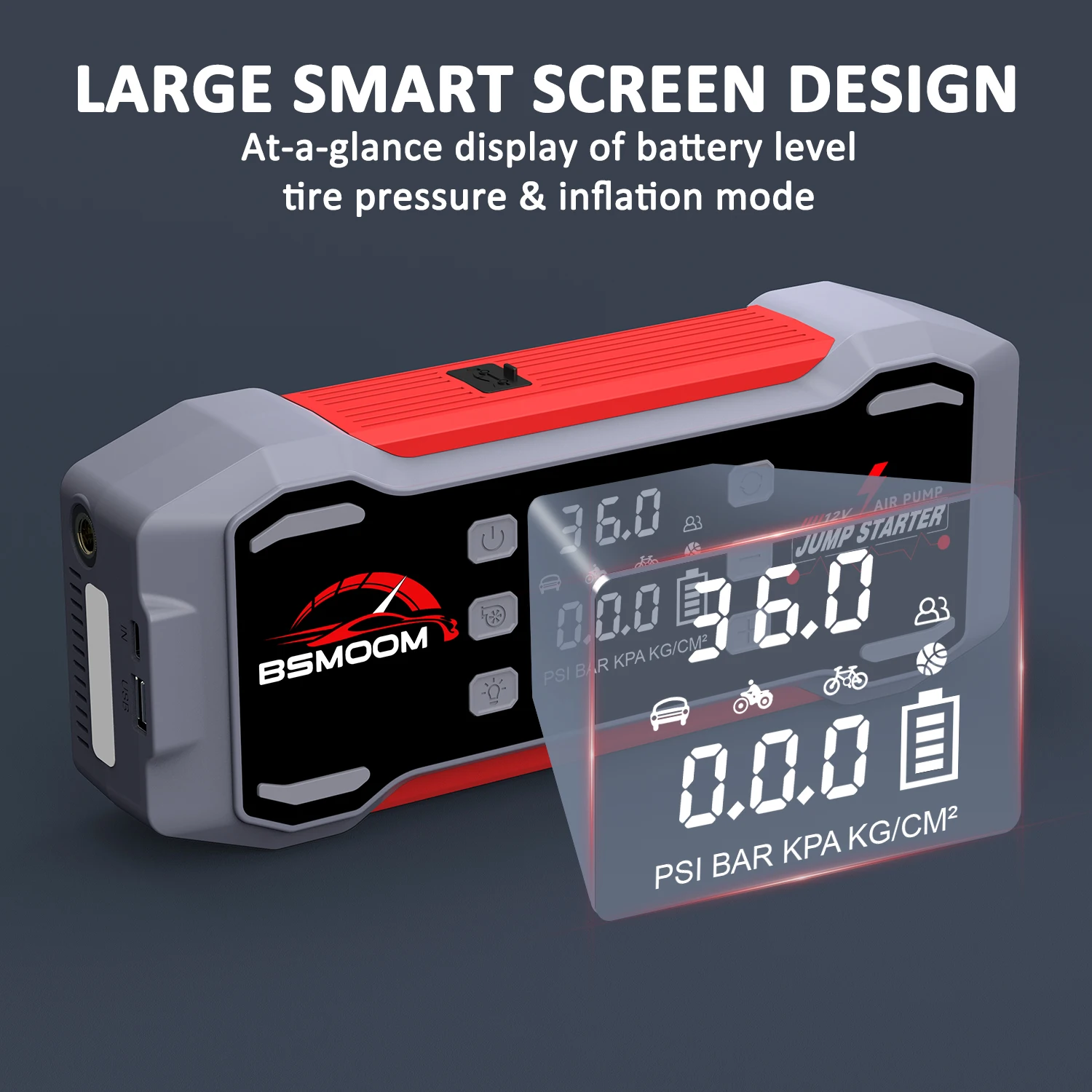 BSMOOM 9000A Avviatore di emergenza per auto Pompa d'aria 6 in 1, compressore d'aria, ventilatore, batteria ausiliaria e cavi di emergenza intelligenti 12V - immagine 4