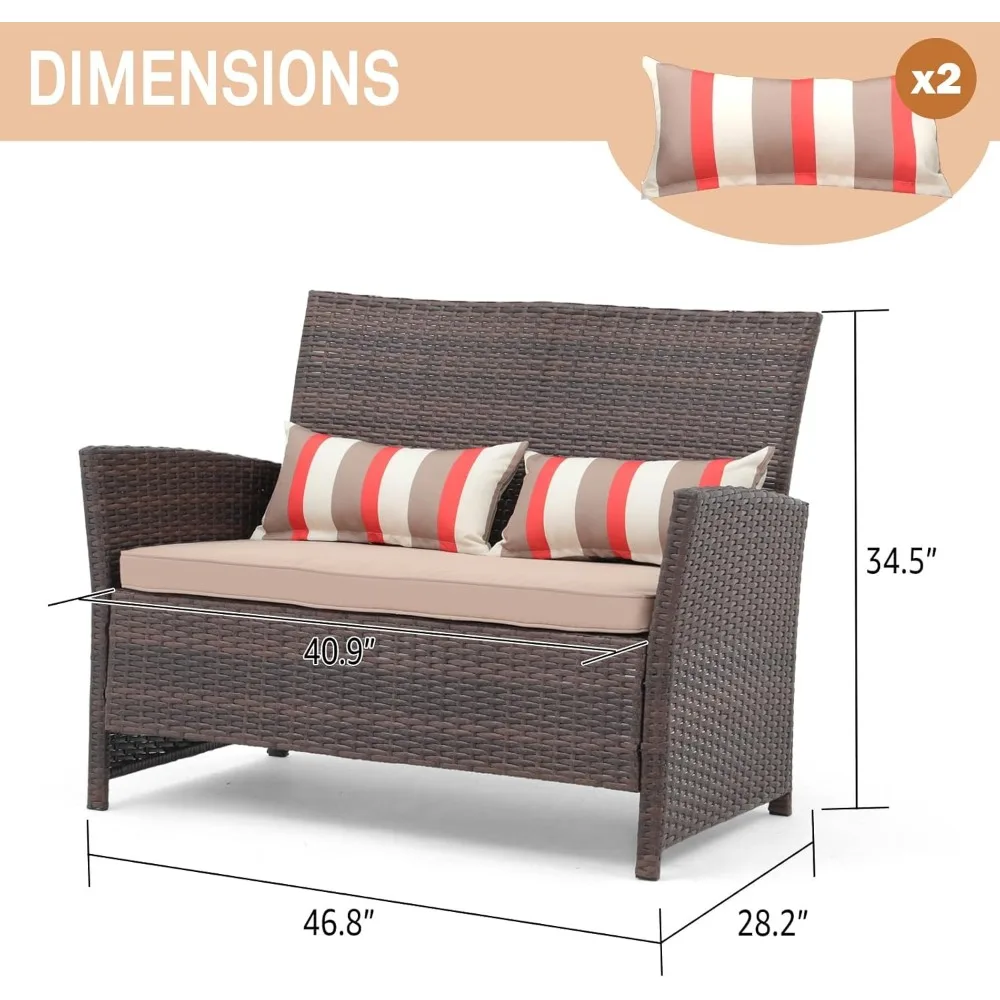 Outdoor Wicker Loveseat with Cushions, 2 Seater Patio PE Rattan Sofa with Lumbar Pillows, Brown Wicker & Beige Cushions 3