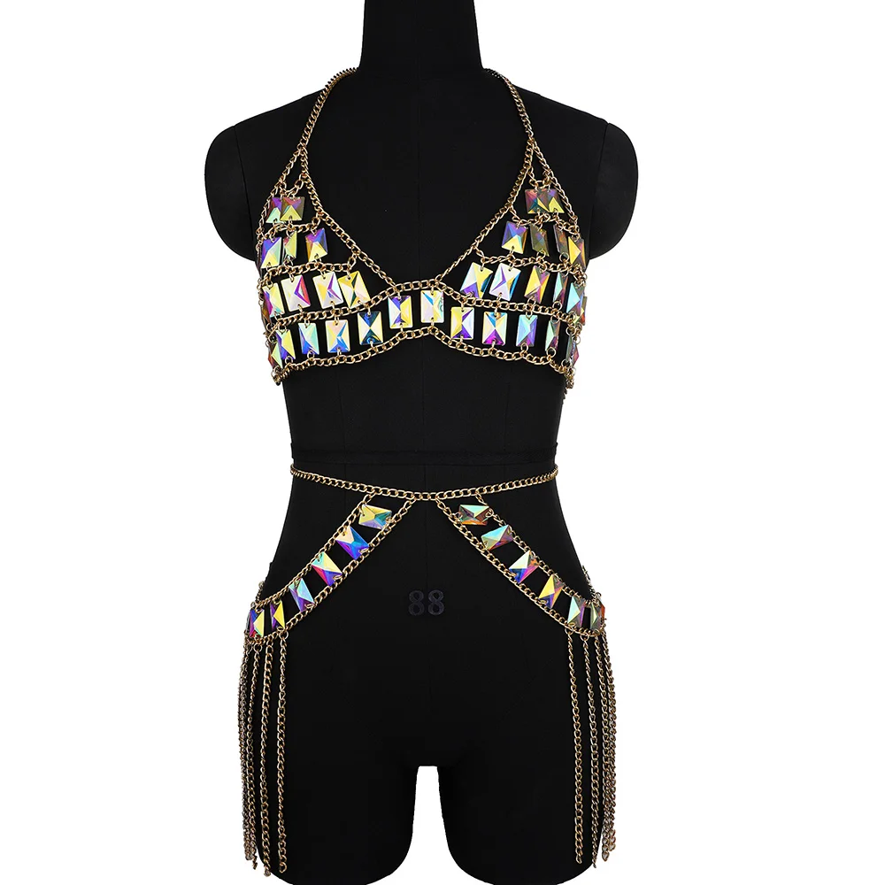 New Women Body Jewelry Chains Crystal Halter Bra Chain With   Waist Chain Beach Bikini Set Tassel Body Jewelry Accessories Party