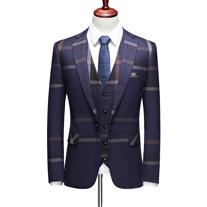 Elegant Suits For Men Blue Stripes Wedding Dress 3 Piece Set New Business Office Fashion Male Jacket Sets (Blazer+Vest+Trousers)