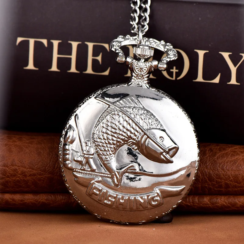 

Vintage Luxury Fish Carving Quartz Pocket Watch for Men Women 3D Engraved Hollow Case Fob Chain Bronze Clock for Collection Gift