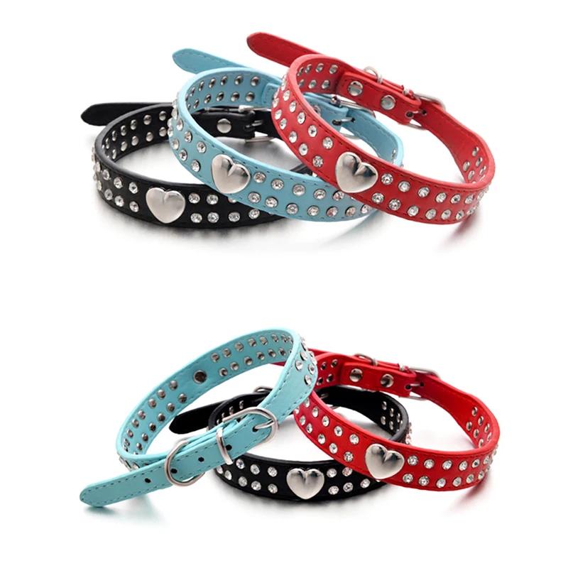 Collars Dog Bling Rhinestone Heart Necklace Adjustable Leather - PeticaDeals