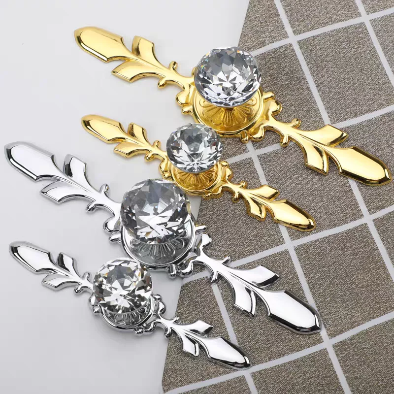 Description Picture 3 of itemBright Gold Crystal Drawer Knobs with Backplate Chrome Cabinet Handles Light Luxury Wardrobe Pulls Zinc Alloy Furniture Hardware