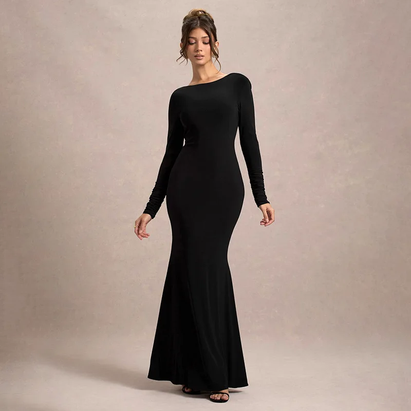 Black Tee Bow Backless Long Dress Women's Fashion High Waist Luxury Elegant Party Dress Gown Female Autumn Maxi Dress