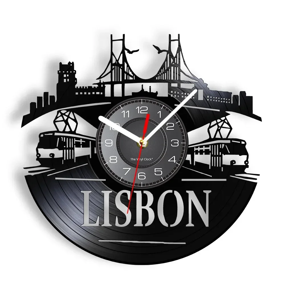 

Настенные часы с виниловой пластиной, Португалия, Лиссабон, городской пейзаж, роскошное украшение для дома, современное художественное оформление